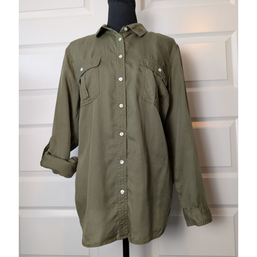 NWOT Talbots Size XL Petite Utility Blouse Roll Tab Sleeves Lyocell Safari - Picture 2 of 8